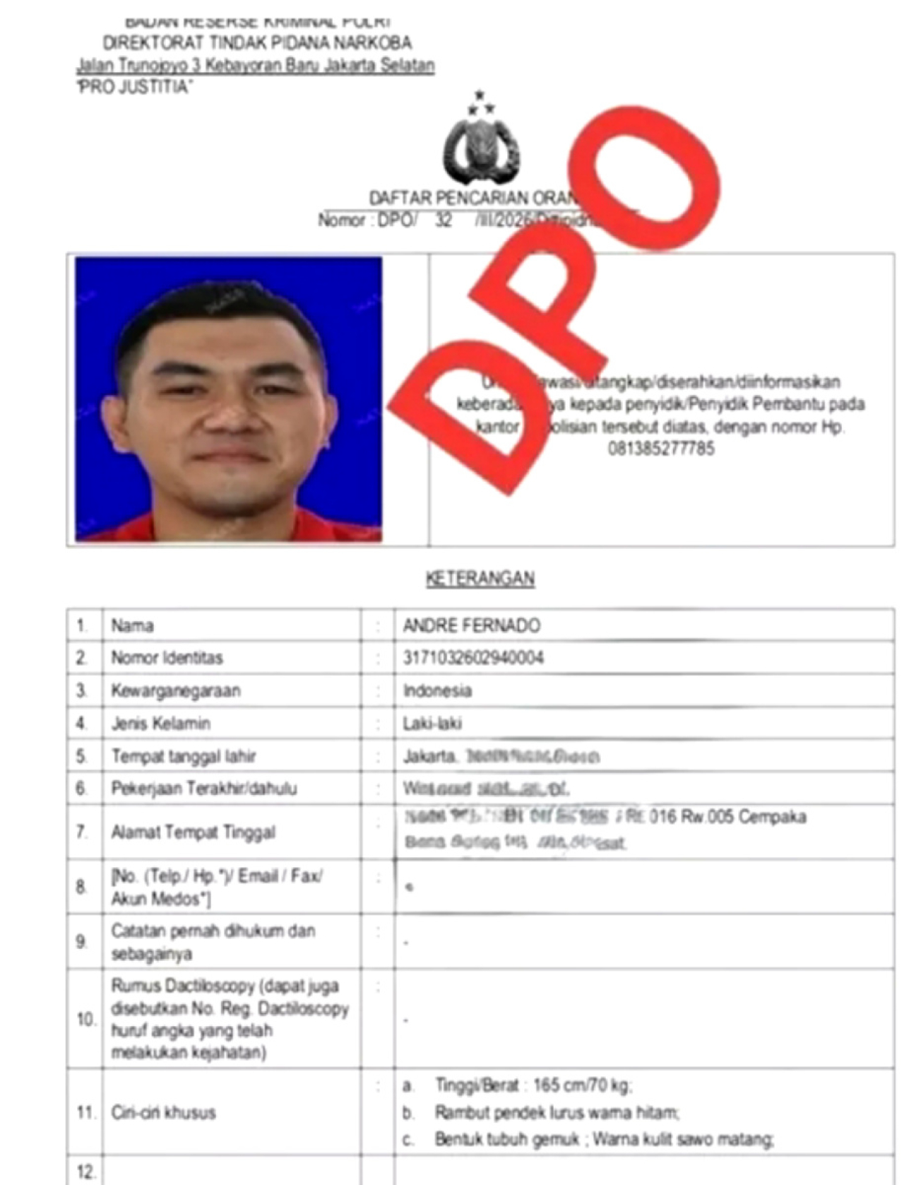 DPO Polri Andre Fernando. Foto ist